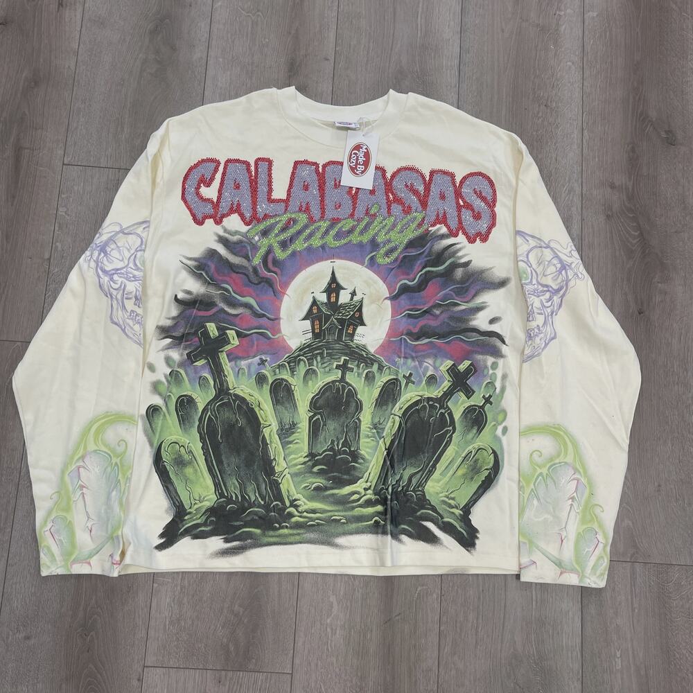 New Made By Cozy "Calabasas Racing" Long Sleeve Shirt Cream Green